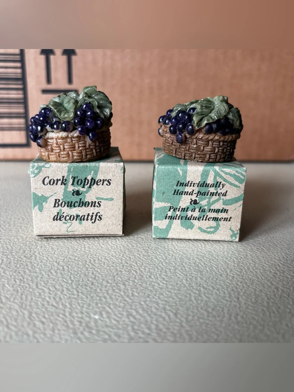 2 Basket of Grapes Cork Bottle Toppers Hand Painted Ceramic Porcelain 1.5